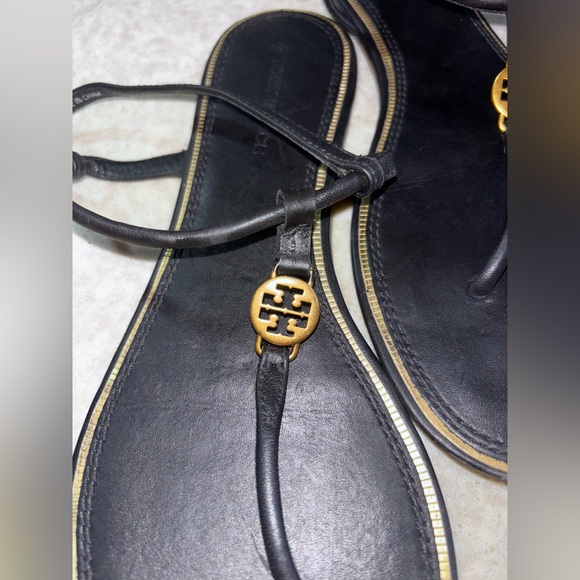 Tory Burch Black Sandals with Gold Trim - Picture 3 of 8